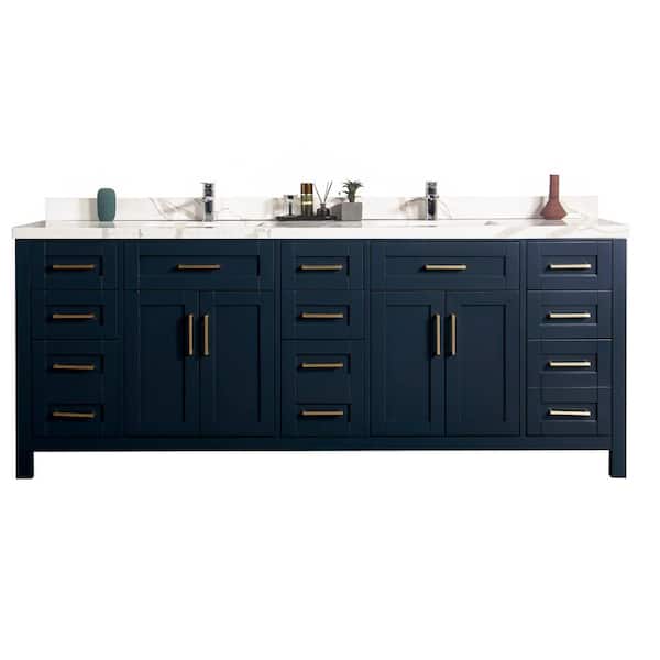 Willow Collections Cambridge 84 in. W x 22 in. D Double Sink Bath Vanity in Navy Blue with 2 in. White Quartz Vanity Top