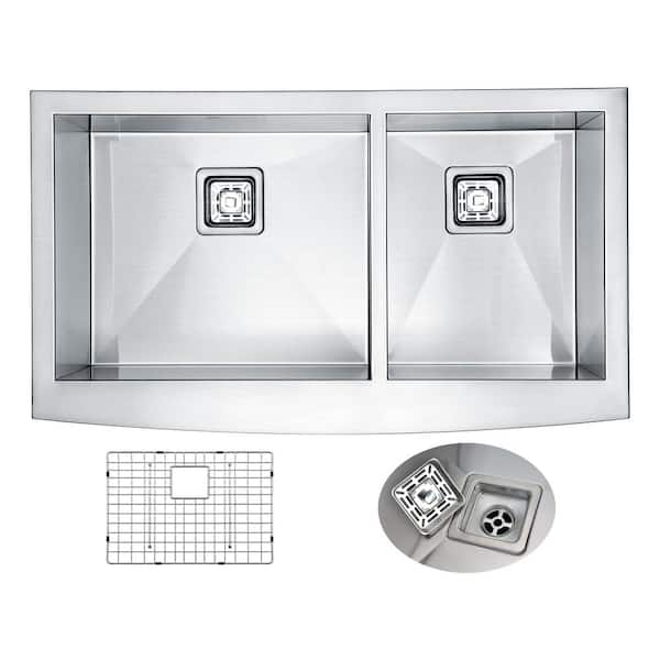 ANZZI ELYSIAN Series Farmhouse/Apron-Front Stainless Steel 35.875 in. 0-Hole 60/40 Handmade Double Bowl Kitchen Sink