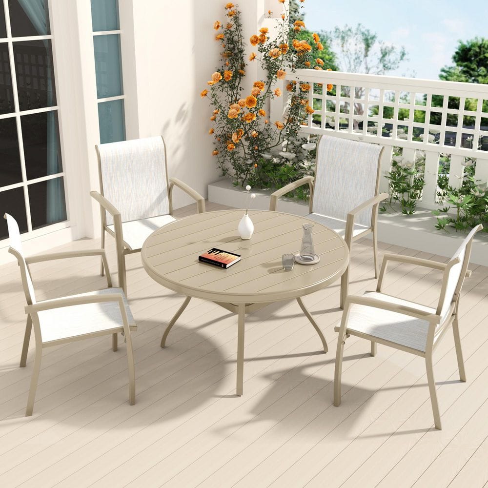 5-Pieces Beige Metal Stackable Patio Dining Set with Textilene Dining Chairs and Round Table price history on PriceWatchPro