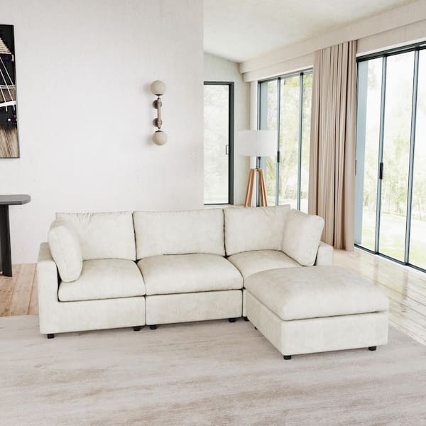 Modular Cloud Couch, 101 in. Square Arm Chenille L-Shaped Sofa w/ Chaise Ottoman,Washable Covers for Apartment in Beige