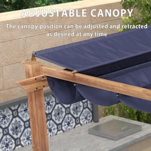 10 ft. x 13 ft. Natural Wood Grain Aluminum Pergola with Navy Blue Retractable Sun Shade Canopy and Extra Top Roof