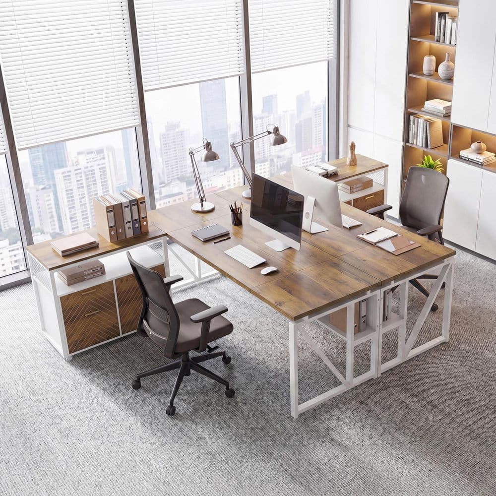 63 in. L-Shaped Light Brown and White Executive Desk with File Cabinet and Drawers, Reversible Office Desk with Shelves