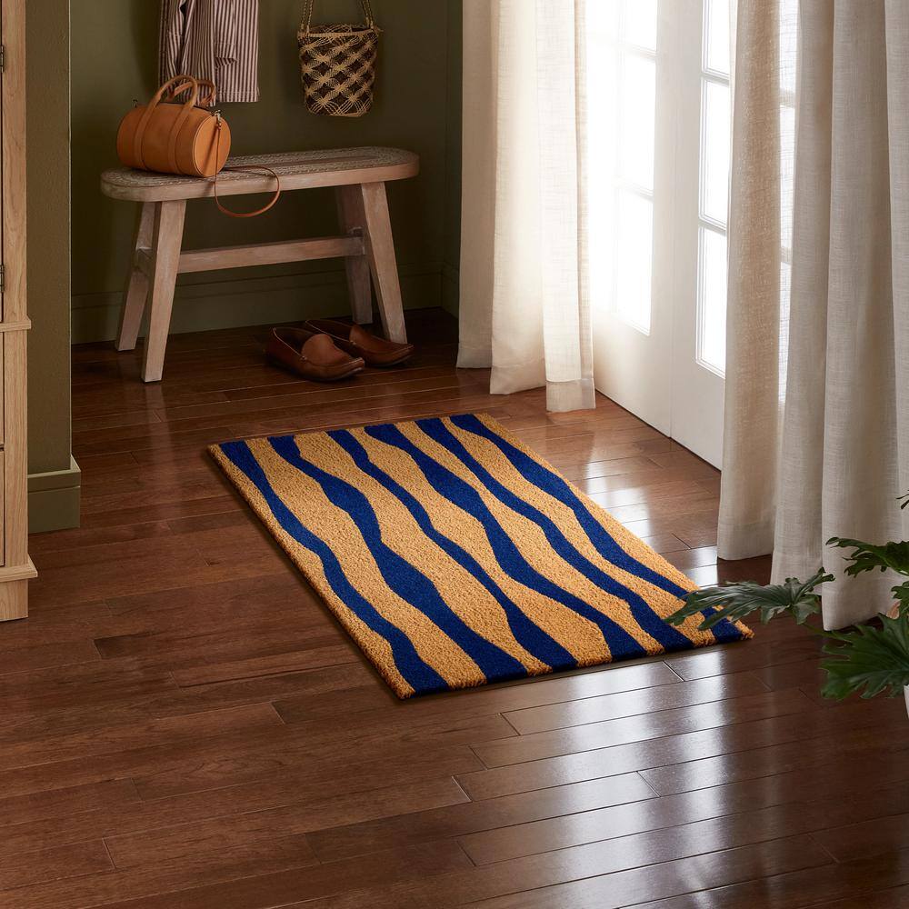 Blue and Natural Coir Abstract Mountain Outdoor Door Mat, 24"x36"
