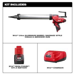 M12 12V Lithium-ion Cordless 20 oz. Aluminum Barrel Adhesive and Caulk Gun Kit with (1) 1.5Ah Battery & Charger