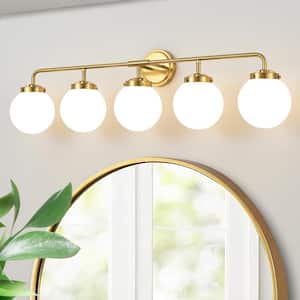 38.98 in. 5-Light Gold Bathroom Vanity Light with Opal Glass Shades, Bulbs not Included