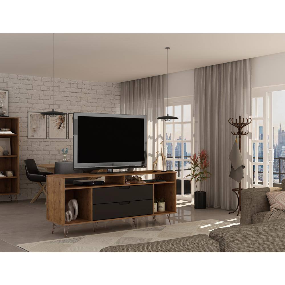 Natural and Gray MDF TV Stand with Metal Legs and Cabinet