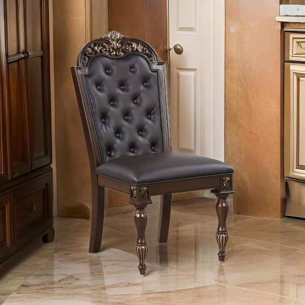 Benjara Brown and Black Faux Leather Tufted Back Dining Chair