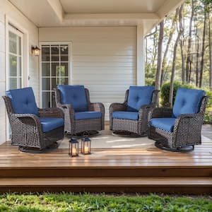 4-Piece Brown Swivel Glider Wicker Outdoor Rocking Chair with Blue Cushions and Curved Armrest