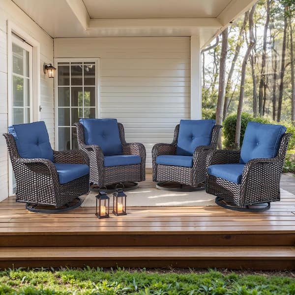 moosprr Arcline 4-Piece Brown Swivel Glider Wicker Outdoor Rocking Chair with Blue Cushions and rest