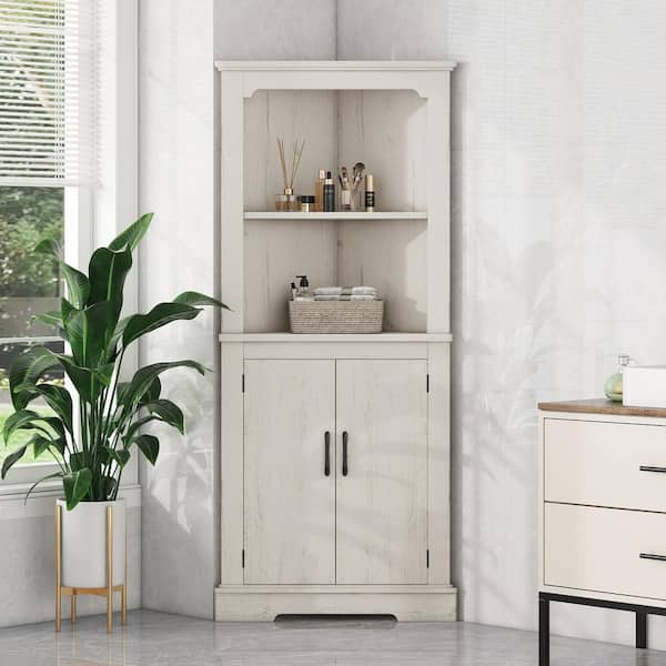 URTR Wood Grain Beige 69.3 in. H Accent Cabinet Living Room Storage Cabinet Bathroom Corner Cabinet with Doors and Shelves