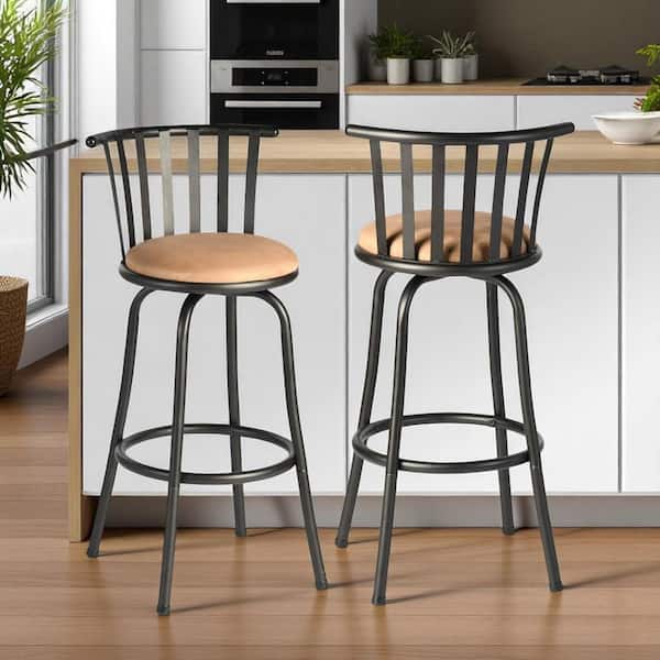 32.68 in. H Black, Brown Adjustable Height Metal Bar Stool with Faux Leather Seat (Set of 2)