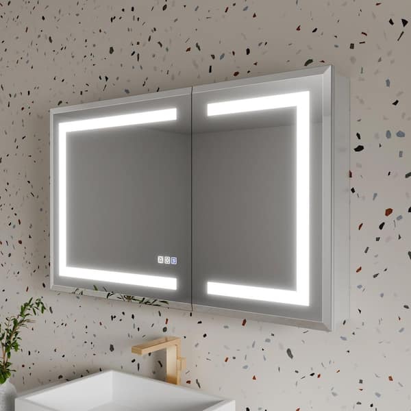 ANGELES HOME 40 in. W x 24 in. H Rectangular Aluminum Anti-Fog LED Medicine Cabinet with Mirror, Tempered Glass Door