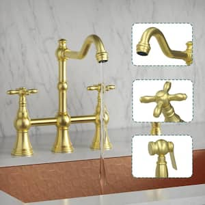 Solid Brass Kitchen Faucet with Side Sprayer- 2 Cross Handles, Brushed Gold