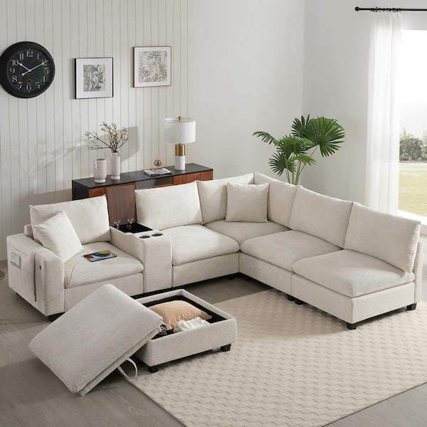 140 in. Chenille U Shaped Modular Sectional Sofa in Beige with Storage Ottoman, Console, Cup Holder, USB Charger