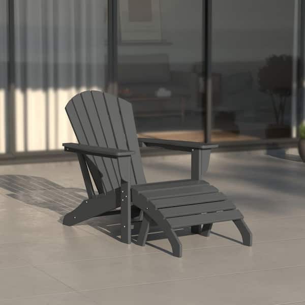 Mason Gray 2-Piece Poly Plastic Outdoor Patio Classic Adirondack Fire Pit Chair With Ottoman Set