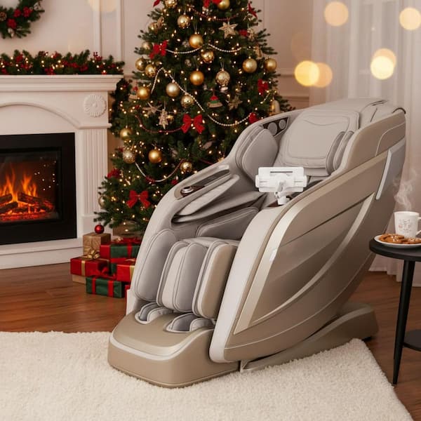 Pro 8500 MAX Taupe Faux Leather Reclining 4D Massage Chair with Zero Gravity, Heated Lumbar, Extended Dual Rail Tracks