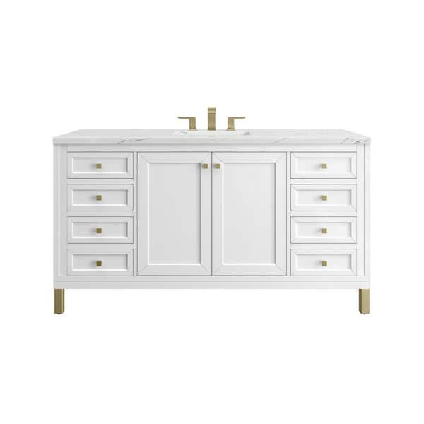 James Martin Vanities Chicago 60.0 in. W x 23.5 in. D x 34 in. H Bathroom Vanity in Glossy White with Ethereal Noctis Quartz Top