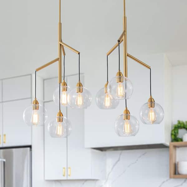 HUOKU Alma Modern 8-Light Brass Glass Globe Branch Pendant Chandelier for Living Room, Dining Room or Foyer