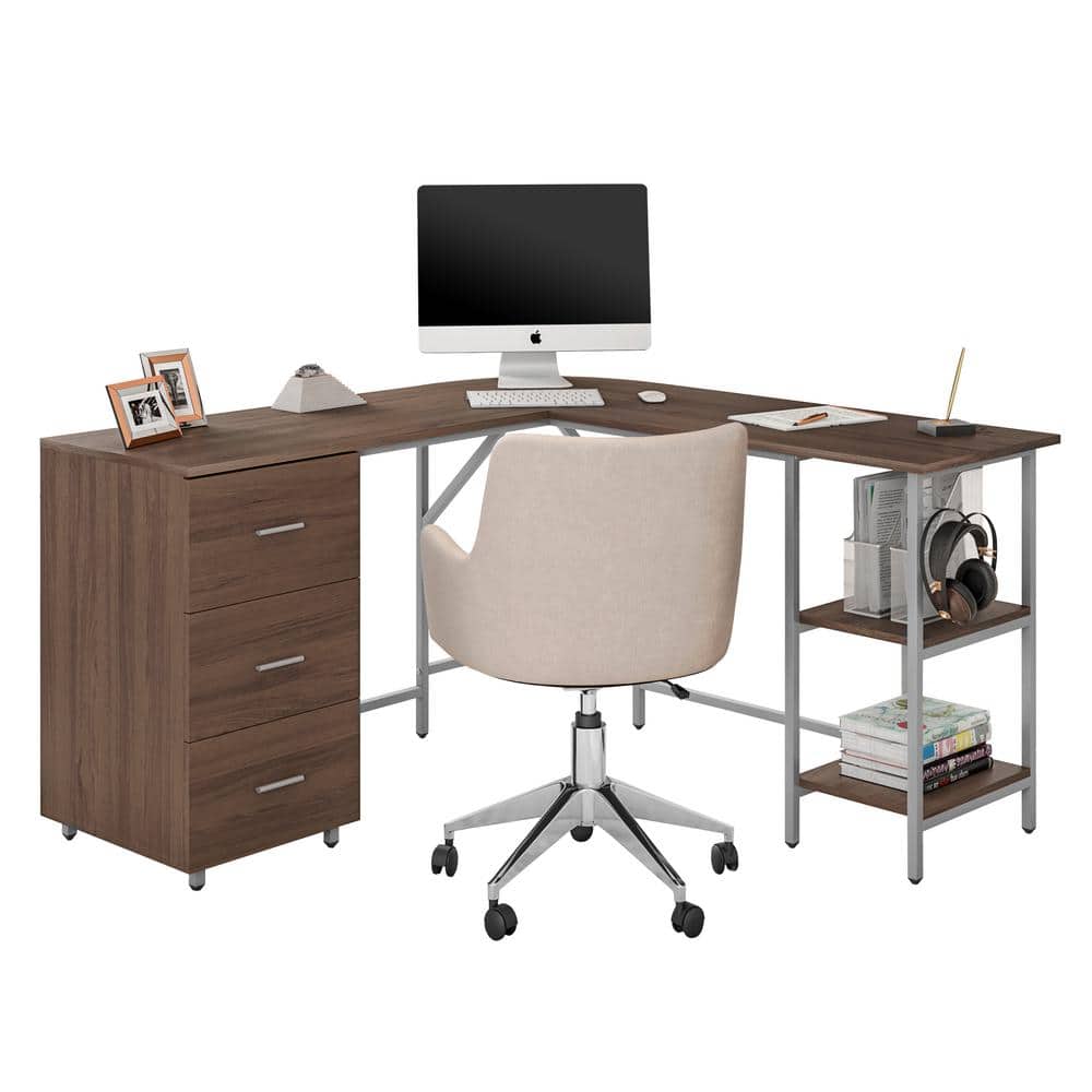 Rustic Walnut Wood Corner Gaming Desk with Drawer Storage