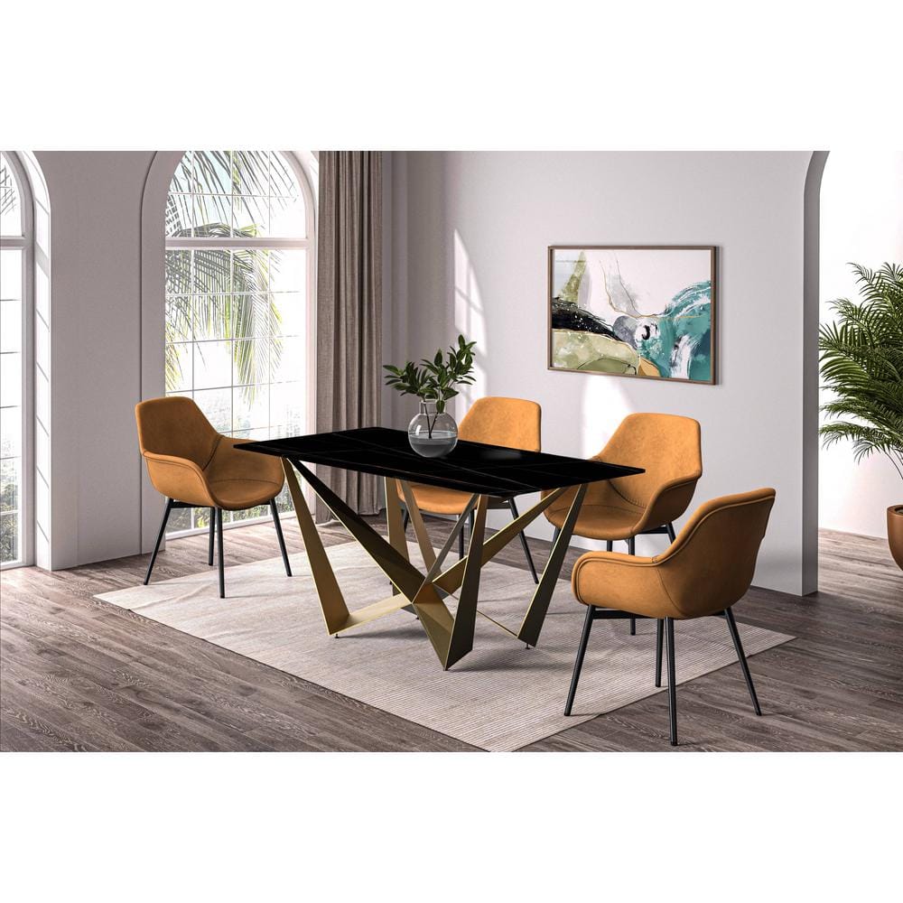 Nuvor Modern Black/Gold 71 in. Sintered Stone Rectangular Top and 4 Legs Gold Stainless Steel Dining Table Seats 10+