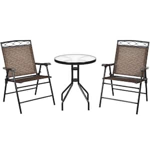 3-Pieces Wicker Conversation Set Pub Patio Outdoor Bistro Set with Folding Chairs Table