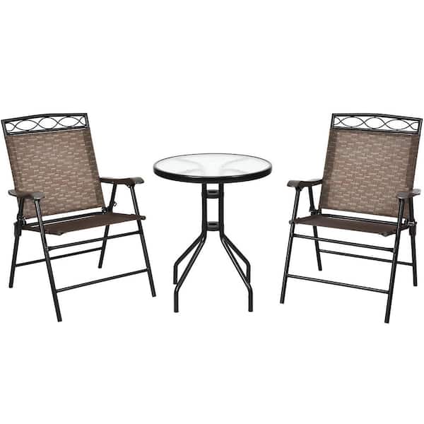 Gymax 3-Pieces Wicker Conversation Set Pub Patio Outdoor Bistro Set with Folding Chairs Table