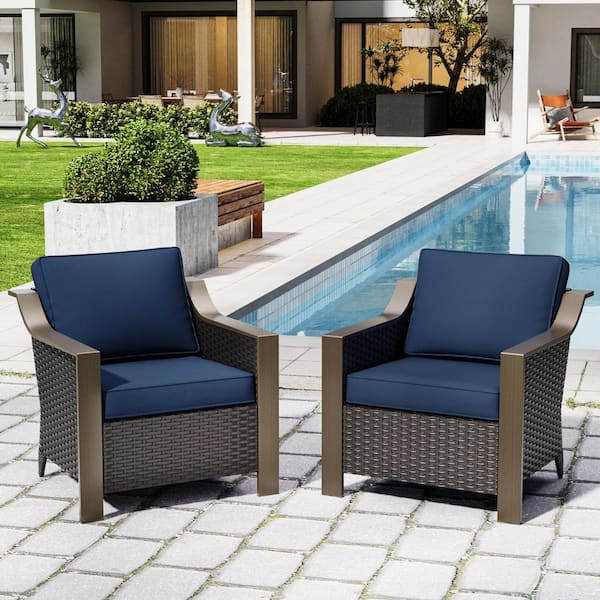 2-Piece Wicker Outdoor Lounge Chair with Gracefully Sloped Armrest and Blue Cushions
