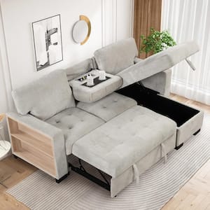 85.2 in. W Velvet L -shaped Sectional Sofa in Light Gray with Pull-out Bed Drop Down Table and USB Charger