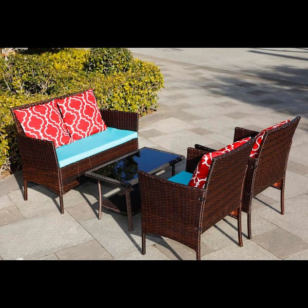 Unbranded 4-Pieces Patio Rattan Conversation Set with Emerald Green Cushion Outdoor Furniture Sets Chair and Coffee Table Sets