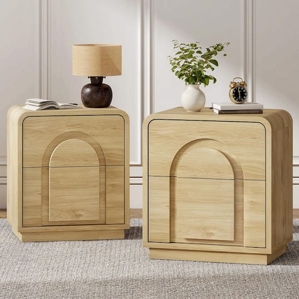 Curved Profile Design Natural 23.62 in. H Nightstands with 2 Storage Drawers (Set of 2)