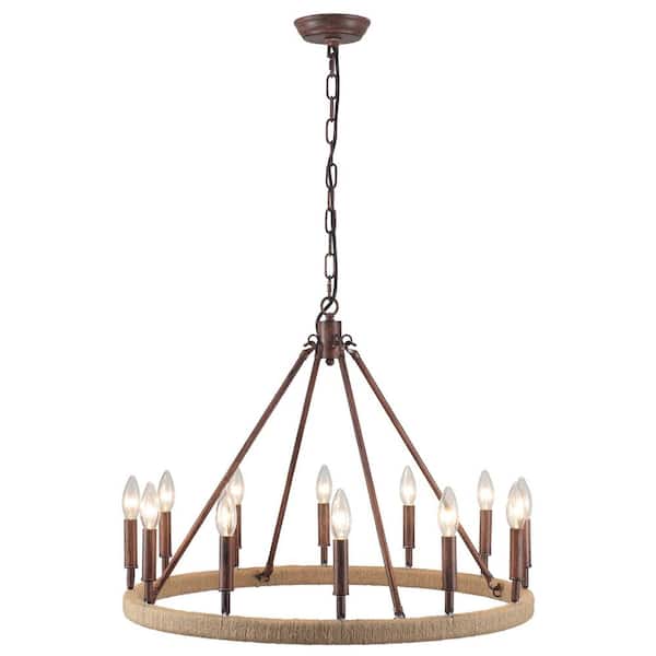 12-Light Red Rust Classic Wagon Wheel Twine Woven Chandelier for Living Room Dinning Room with No Bulbs Included