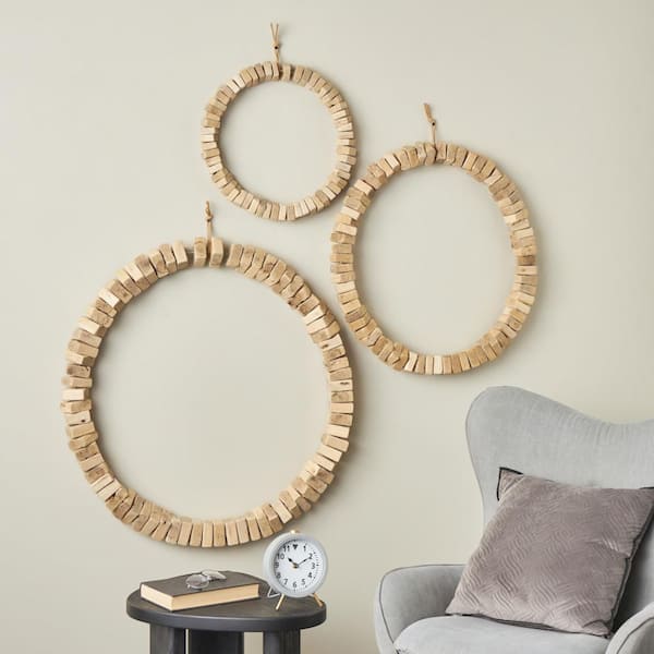 Litton Lane Wood Brown Beaded Abstract Wall Decor with Hanging Rope (Set of 3)