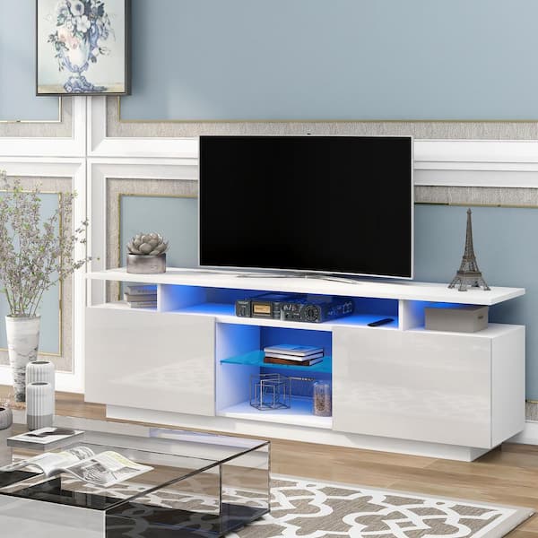 Harper & Bright Designs Modern 62.9 in. White TV Stand with 4-Storage Cabinets Fits TV's up to 75 in. with LED lights (16 Colors)