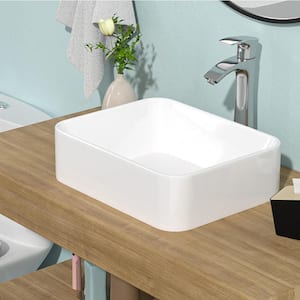 19 in Ceramic Rectangle Vessel Sink in White with Faucet in Chrome and Water Hoses