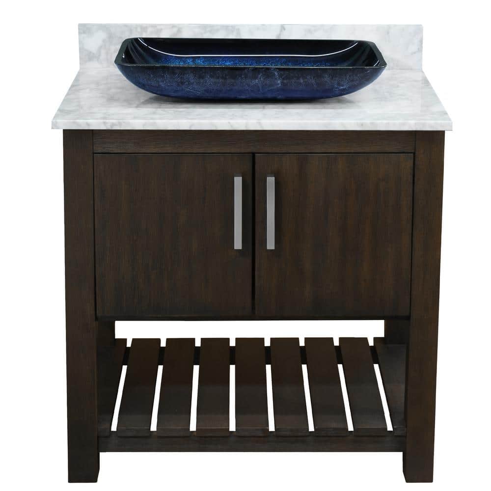 Ocean Breeze 31 in. W x 22 in. D x 31 in. H One Blue Black Sink BN Drain Bath Vanity in Cafe w/Carrara White Marble Top price history on PriceWatchPro