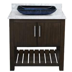 Ocean Breeze 31 in. W x 22 in. D x 31 in. H One Blue Black Sink BN Drain Bath Vanity in Cafe w/Carrara White Marble Top