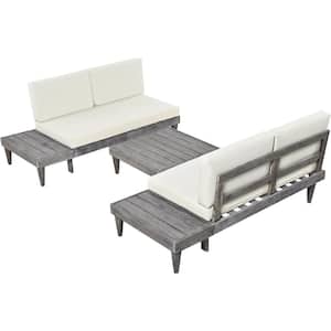 3-Piece Grey Wood Outdoor Patio Furniture Set Solid Wood Sectional Sofa Set with Coffee Table and Beige Cushions