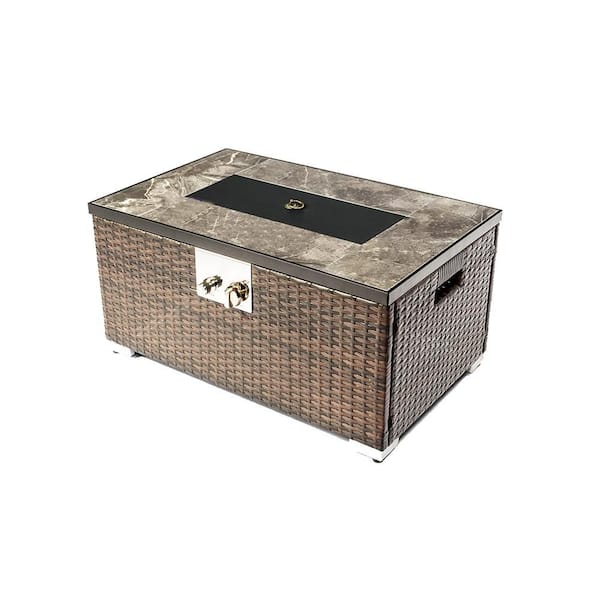 Brown Wicker Outdoor Fire Pit Table with tile tabletop