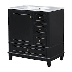 Seraphine 30 in. Black Modern Bath Vanity with White Ceramic Top, Drawers, Shelves, Cabinet, Rubberwood, MDF