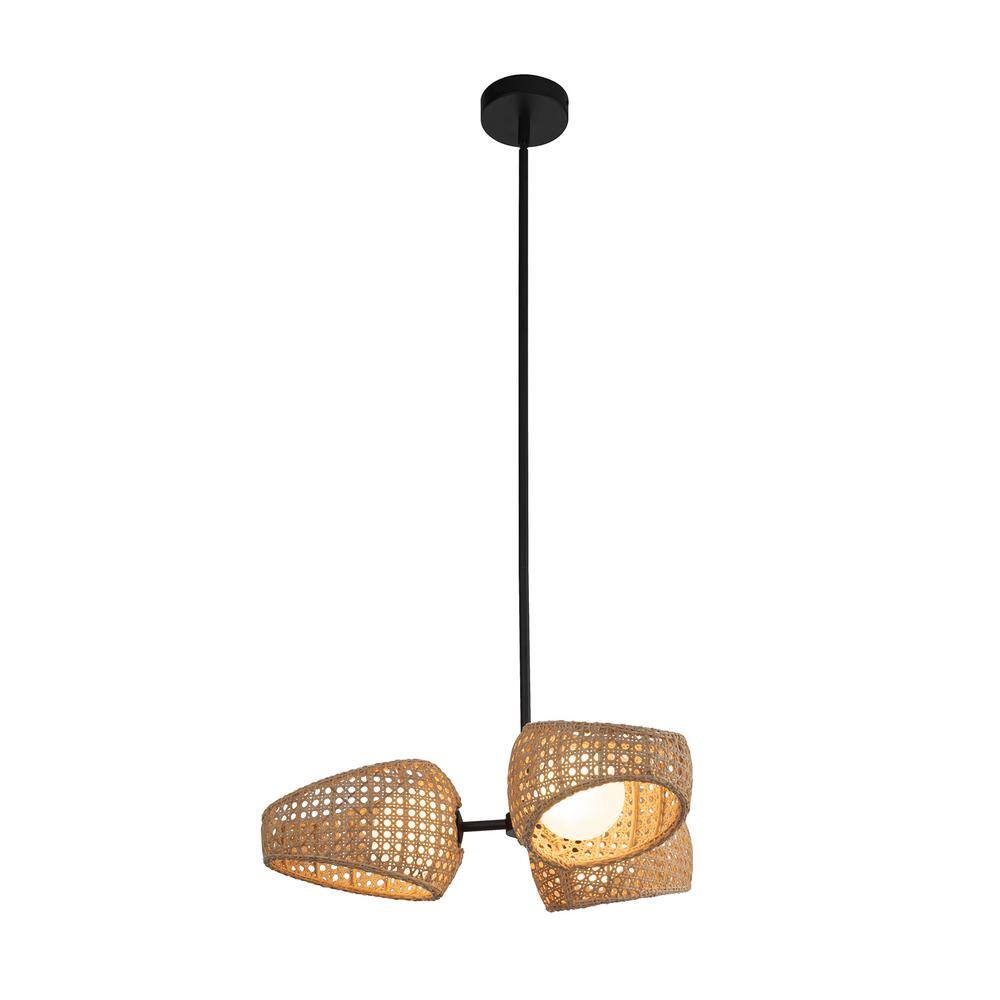 Lanai Matte Black and Rattan LED Chandelier with Opal Glass