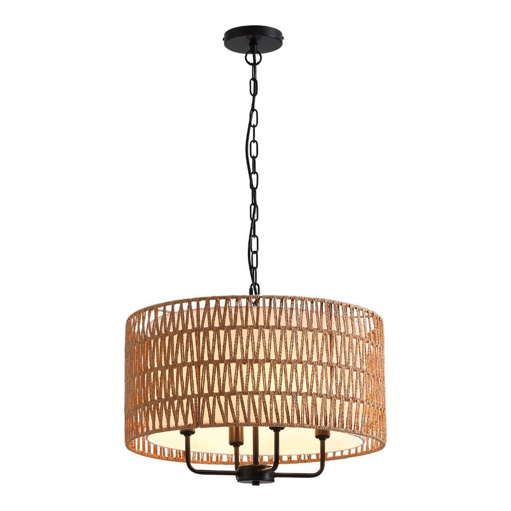 Boho 4 Lights Black Rattan Woven Drum Pendant Light Farmhouse Hanging Chandelier for Dining Room with no bulbs included price history on PriceWatchPro