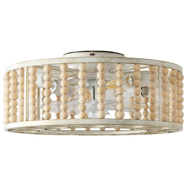 19.49 in. 4-Lights Indoor White Boho Farmhouse Wood Beads Ceiling Fan with Lights and Remote Control