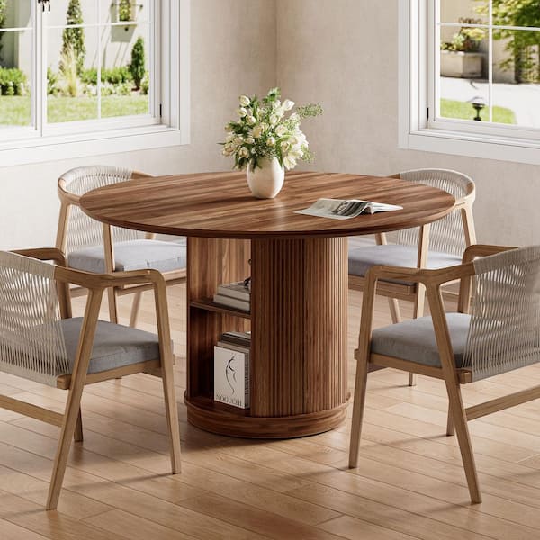 Moronia Farmhouse Brown Round Wood 47 in. Pedestal Dining Table Seats 6