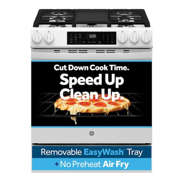 GE 30 in. 5-Burners Slide-In Smart Gas Convection Range in White with EasyWash Oven Tray And No-Preheat Air Fry