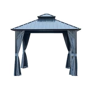 12 ft. x 12 ft. Outdoor Black Aluminum Hardtop Gazebo with Iron Aluminum Double Roof with Curtain and Netting