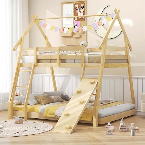 Costway Natural Twin Over Queen Bunk Bed House Shaped Bed Frame with Climbing Nets and Ramp