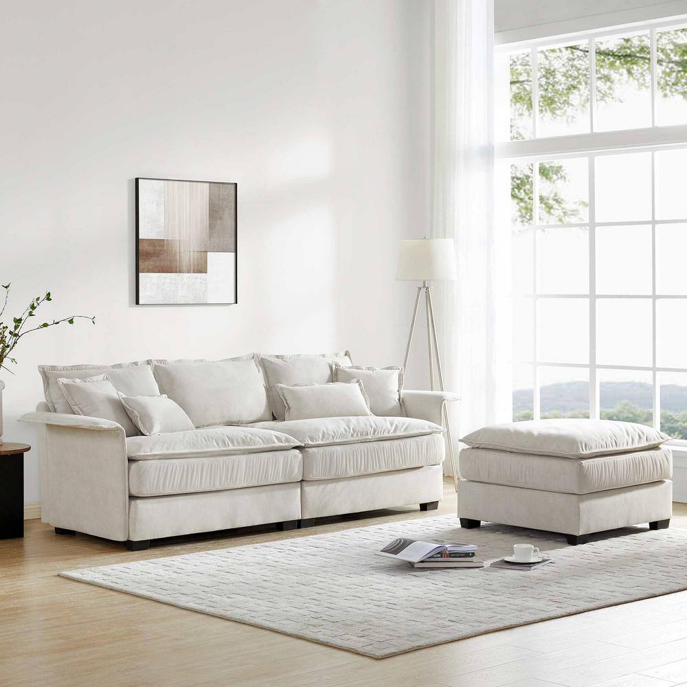 95 in. Square Arm Fabric L-shaped Sofa with Bentwood Armrests in. Beige