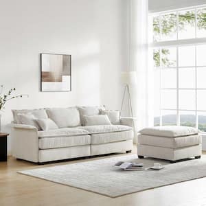 95 in. Square Arm Fabric L-shaped Sofa with Bentwood Armrests in. Beige