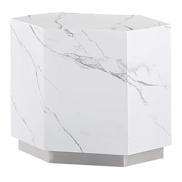 Best Master Furniture Zhuri 23 in. W Hexagon Faux Marble White End Table in Silver