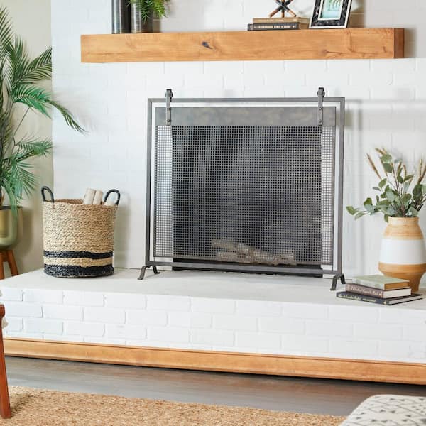 Litton Lane Black Metal Geometric Suspended Grid Style Netting Single Panel Fireplace Screen with Bolted Detailing